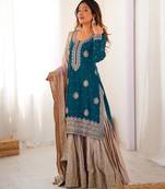 teal and beige silk sharara suit for festive wear