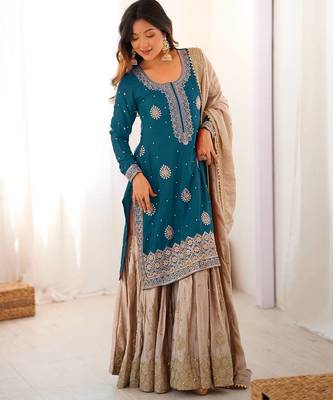 teal and beige silk sharara suit for festive wear 2