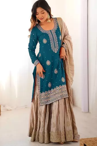 teal and beige silk sharara suit for festive wear