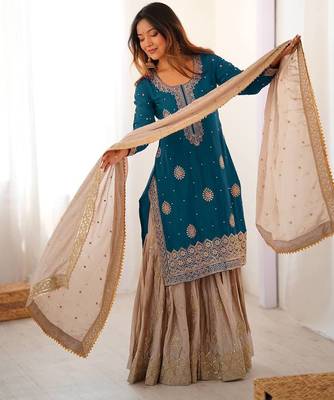 teal and beige silk sharara suit for festive wear 3