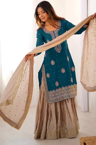 teal and beige silk sharara suit for festive wear
