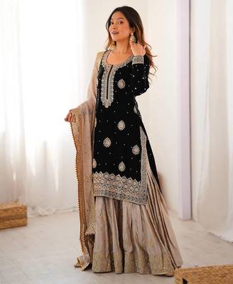 black and beige silk sharara suit for festive wear 2
