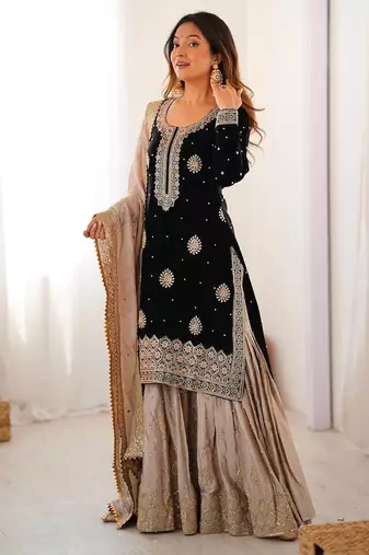 black and beige silk sharara suit for festive wear