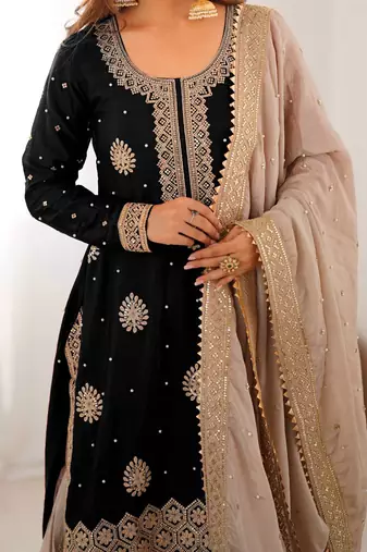 black and beige silk sharara suit for festive wear