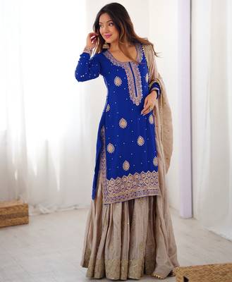 blue and beige silk sharara suit for festive wear 1