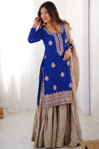 blue and beige silk sharara suit for festive wear