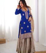 blue and beige silk sharara suit for festive wear