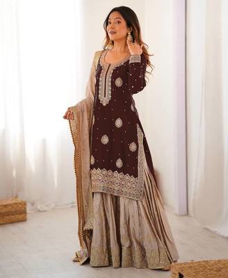 brown and beige silk sharara suit for festive wear 1