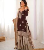 brown and beige silk sharara suit for festive wear