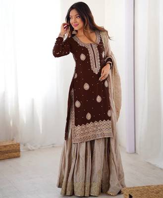 brown and beige silk sharara suit for festive wear 2
