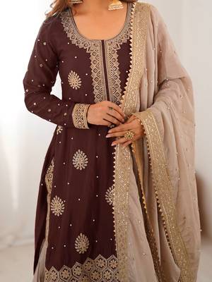 brown and beige silk sharara suit for festive wear 4
