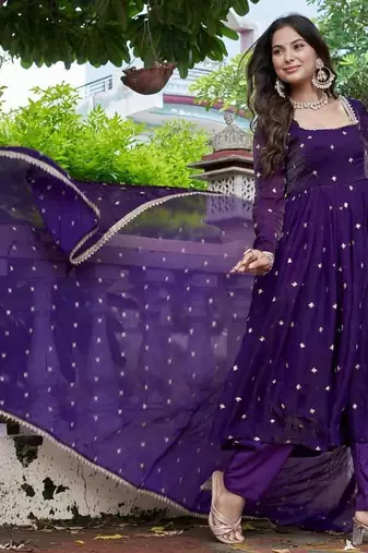 violet silk ethnic anarkali suit for festive wear