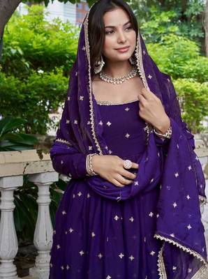 violet silk ethnic anarkali suit for festive wear 3