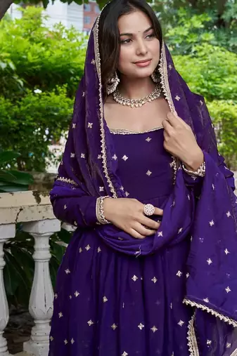 violet silk ethnic anarkali suit for festive wear
