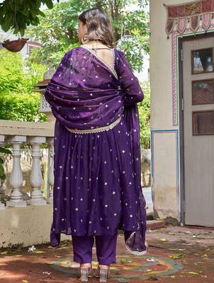 violet silk ethnic anarkali suit for festive wear 4