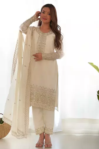 white silk salwar suit with elegant design for festive wear