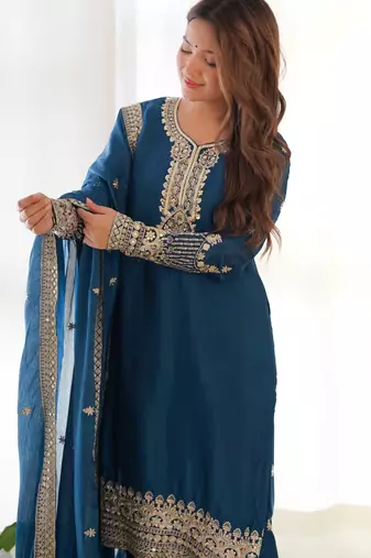 teal silk ethnic salwar suit with embroidery work