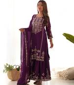 purple silk embroidered sharara suit for festive wear