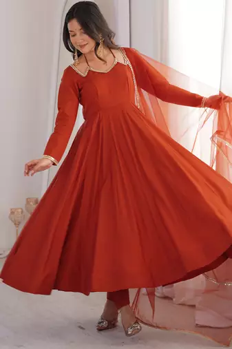 orange silk anarkali suit for festive and traditional wear