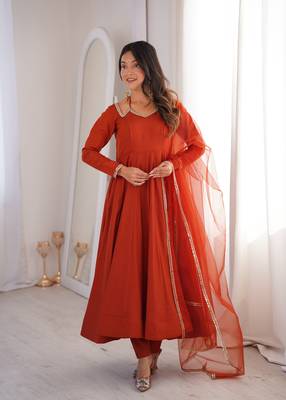 orange silk anarkali suit for festive and traditional wear 3