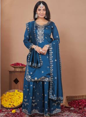 designer teal silk embroidered sharara suit 2