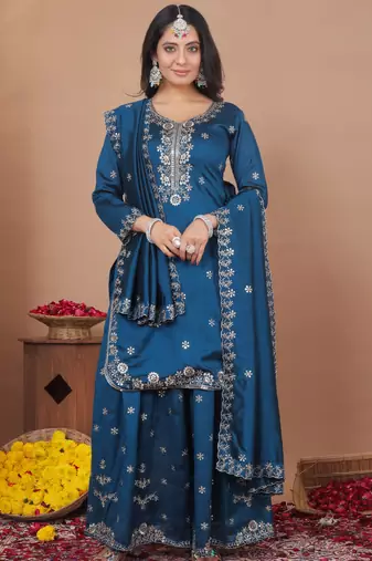 designer teal silk embroidered sharara suit