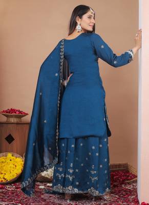 designer teal silk embroidered sharara suit 3