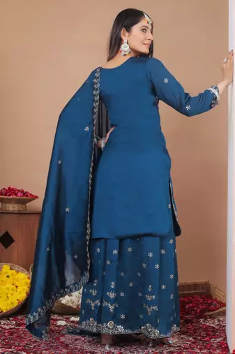 designer teal silk embroidered sharara suit