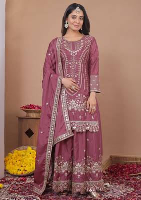 mauve crepe sequins embroidered sharara suit 1