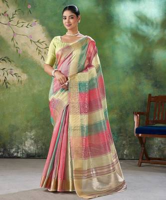 Lime Color Weaving Zari Work Cotton art silk saree 1