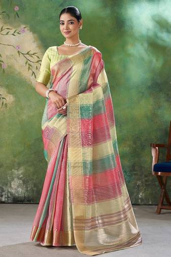 Lime Color Weaving Zari Work Cotton Silk Saree
