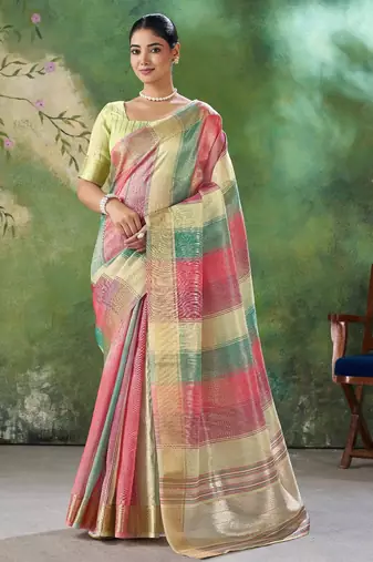 Lime Color Weaving Zari Work Cotton Silk Saree