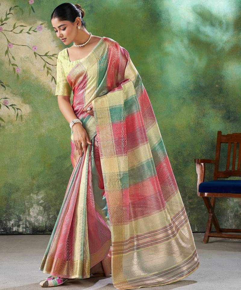 Lime Color Weaving Zari Work Cotton Silk Saree