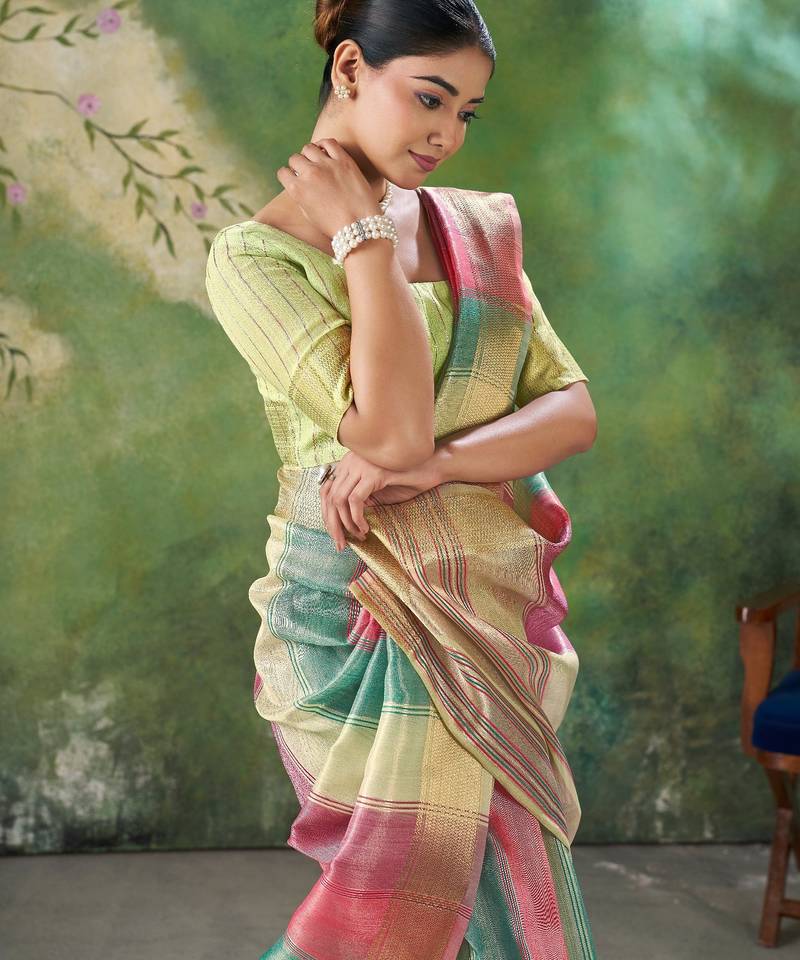 Lime Color Weaving Zari Work Cotton Silk Saree