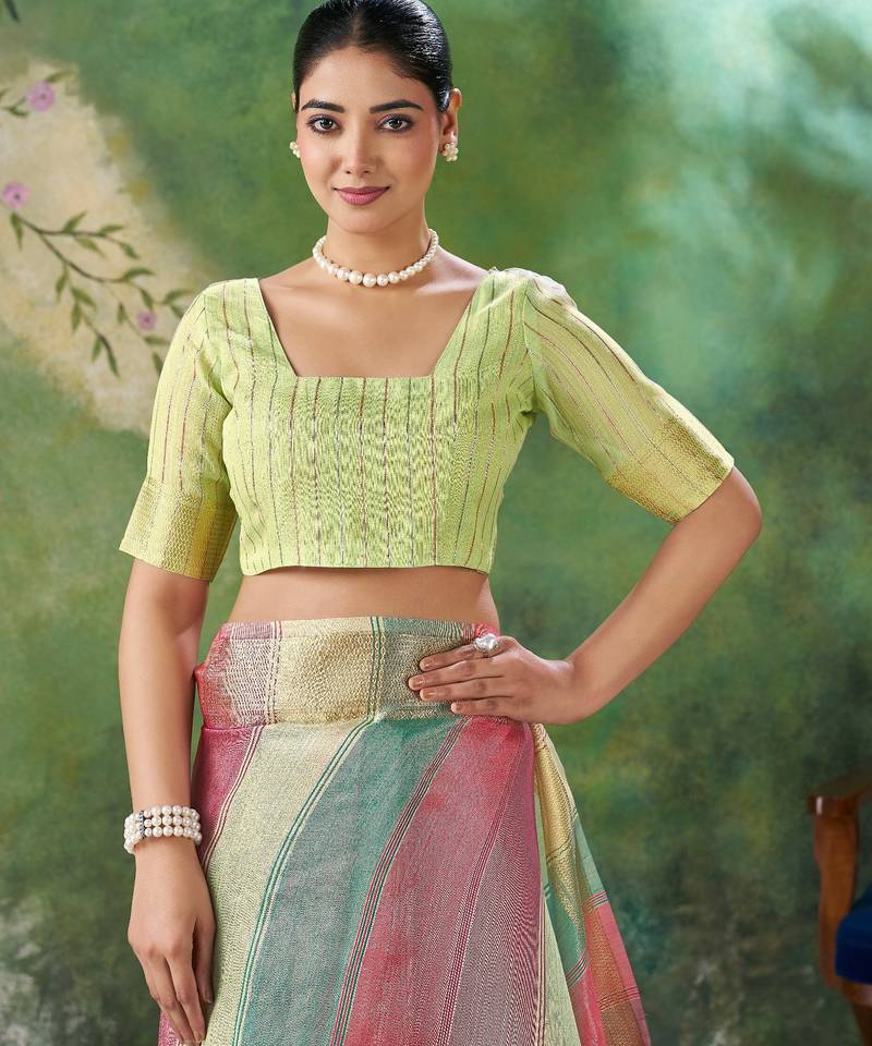 Lime Color Weaving Zari Work Cotton Silk Saree