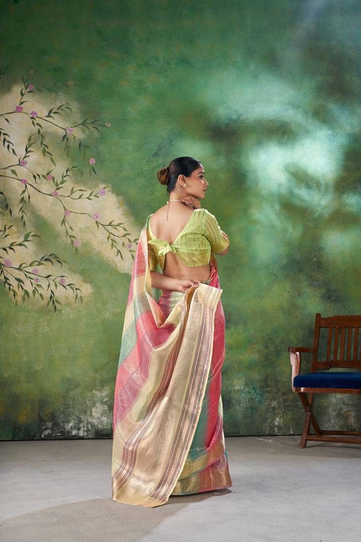 Lime Color Weaving Zari Work Cotton Silk Saree