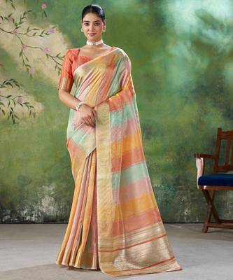 Orange Color Weaving Zari Work Cotton art silk saree 1