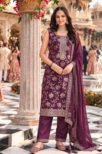 Wine color beautiful and ethnic viscose jacquard fabric designer embroidered suit