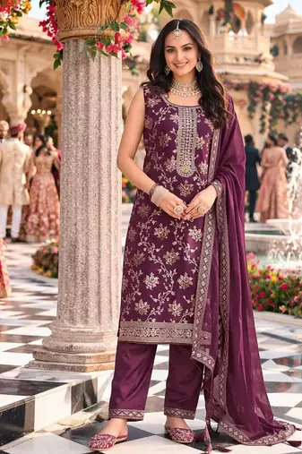 Wine color beautiful and ethnic viscose jacquard fabric designer embroidered suit