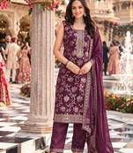 Wine color beautiful and ethnic viscose jacquard fabric designer embroidered suit