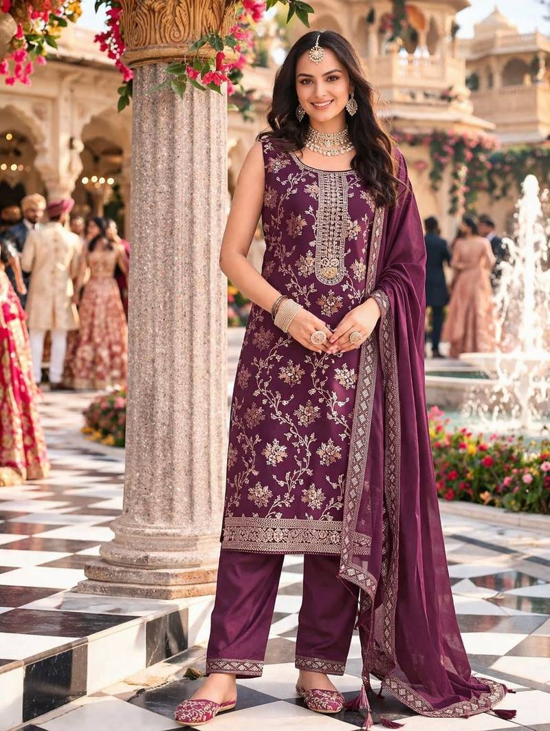 Wine color beautiful and ethnic viscose jacquard fabric designer embroidered suit