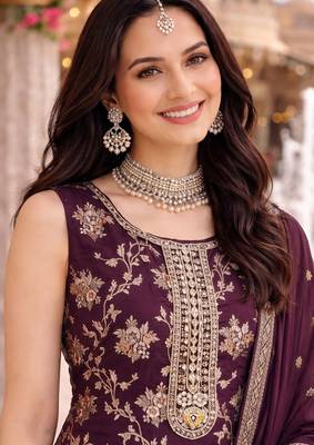 Wine color beautiful and viscose jacquard embroidered suit 2