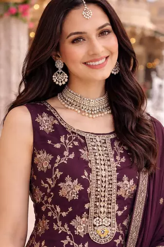 Wine color beautiful and viscose jacquard embroidered suit