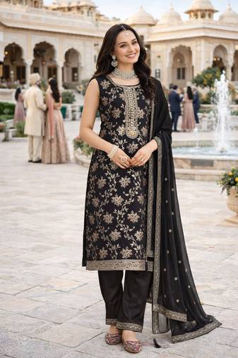 Black color beautiful and ethnic viscose jacquard fabric designer embroidered suit