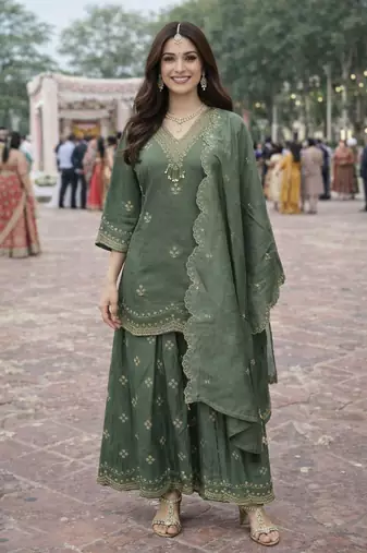 Green color beautiful and ethnic roman silk fabric designer embroidered suit