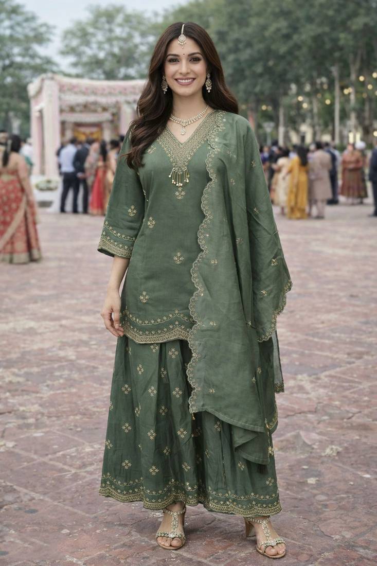Green color beautiful and ethnic roman silk fabric designer embroidered suit
