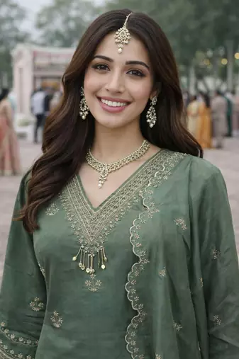 Green color beautiful and roman silk embroidered suit