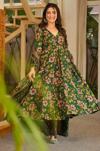 Green color beautiful and roman silk embroidered suit