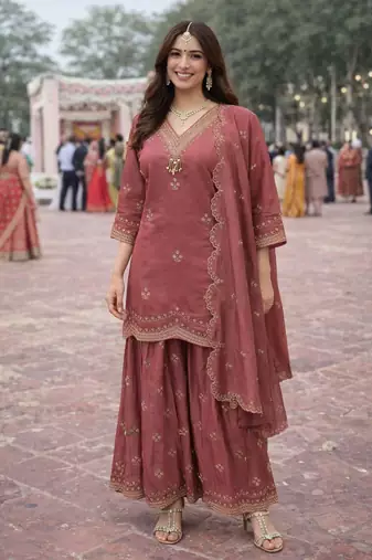 Maroon color beautiful and ethnic roman silk fabric designer embroidered suit