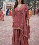 Maroon color beautiful and ethnic roman silk fabric designer embroidered suit